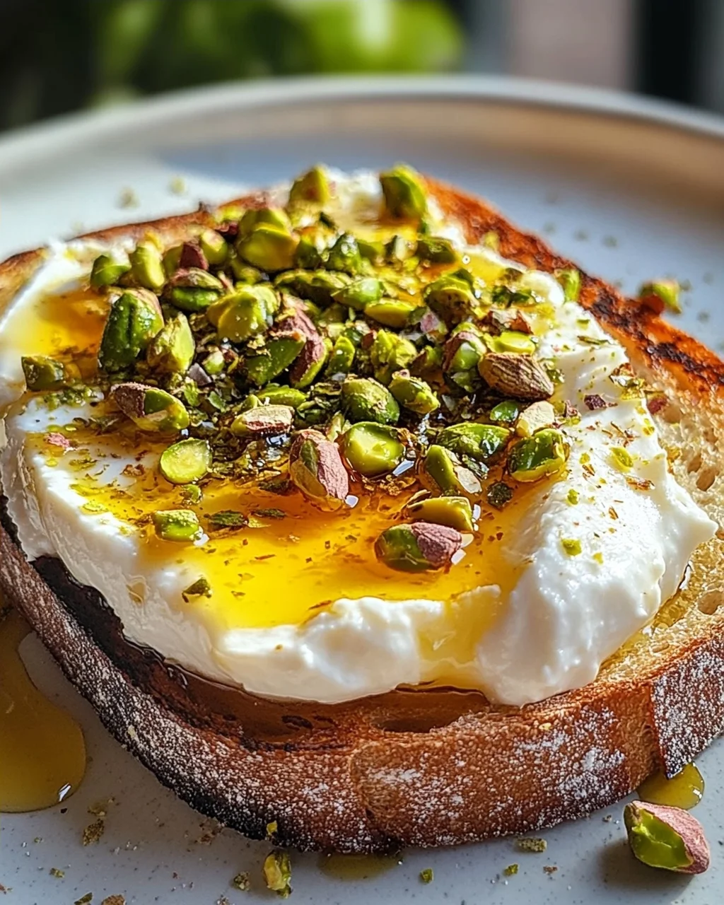 Burrata-Toast mit Pistazien und heißem Honig