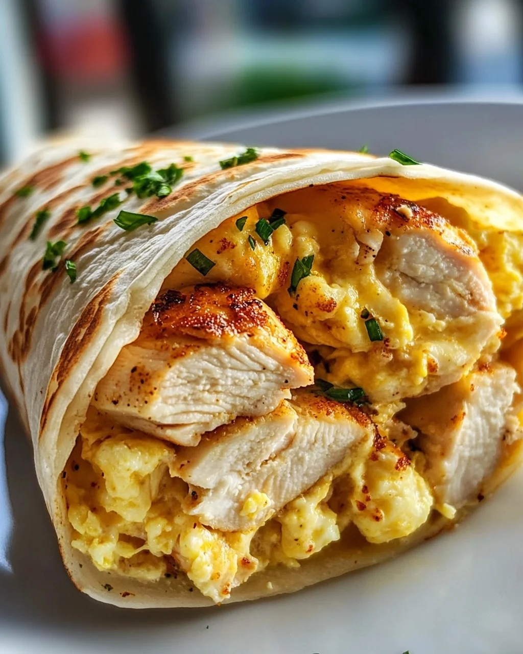 Cremige Käse-Knoblauch Hähnchen Frühstücks-Wraps mit Rührei