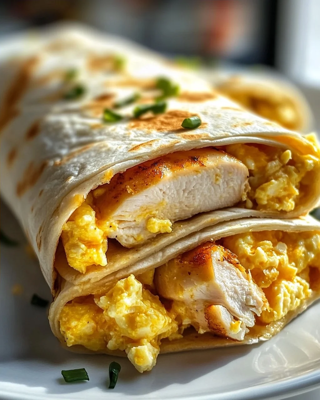 Cremige Käse-Knoblauch Hähnchen Frühstücks-Wraps mit Rührei