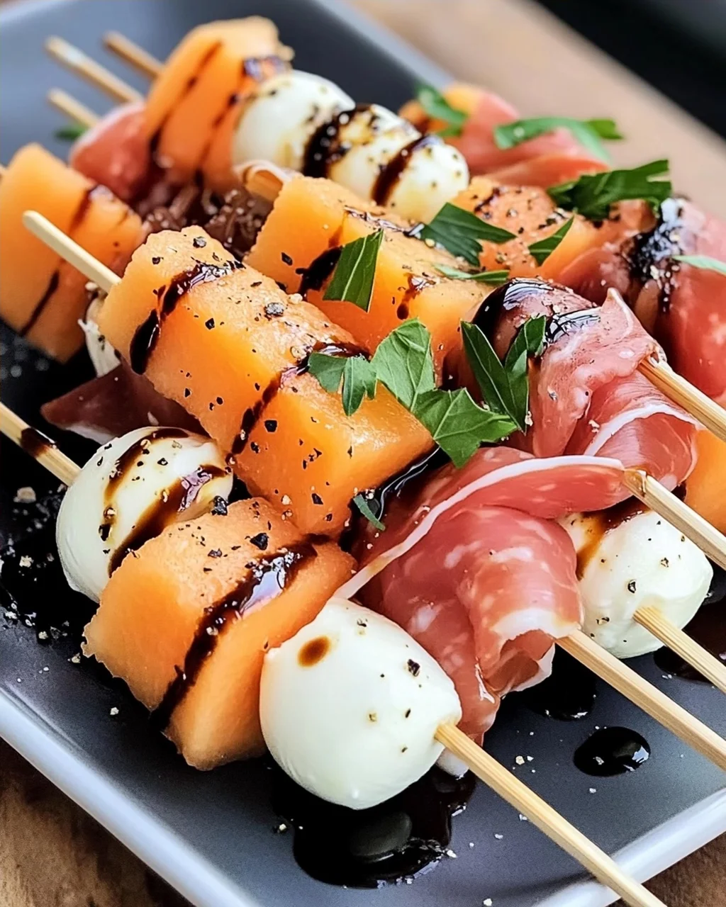 Erfrischende Melonen-, Prosciutto- und Mozzarella-Spieße