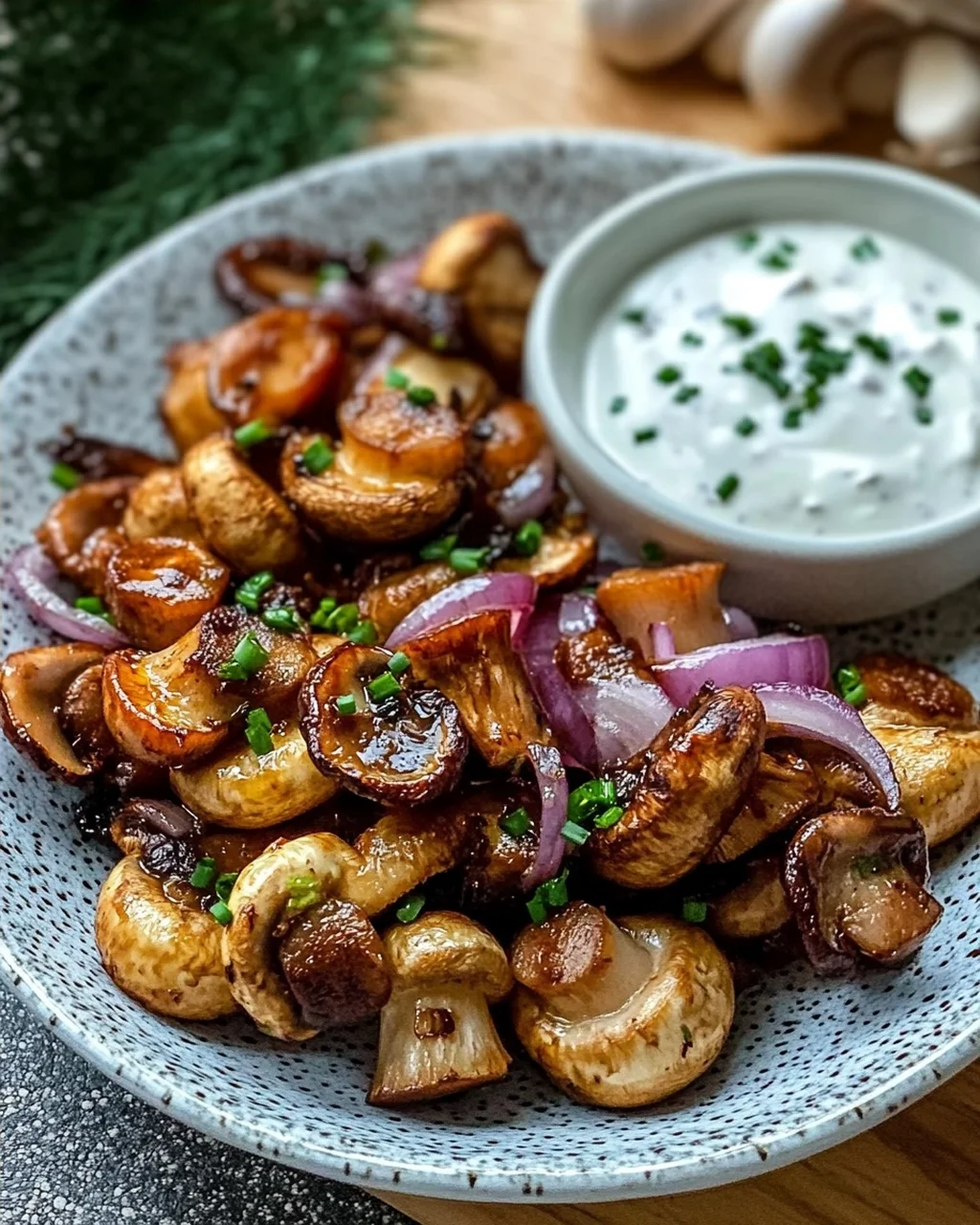 Gebratene Champignons mit Knoblauchdip (Rezept wie vom Weihnachtsmarkt)
