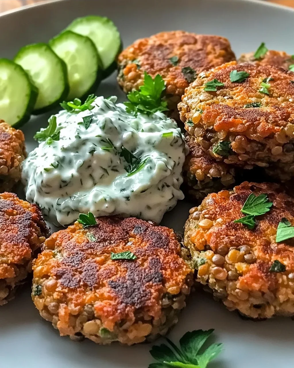 Gebratene griechische Linsenfrikadellen mit Tzatziki Rezept