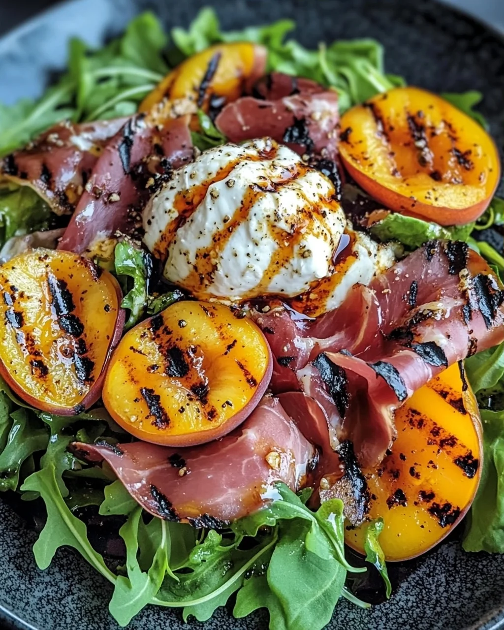 Gegrillter Nektarinen-Burrata-Prosciutto-Salat