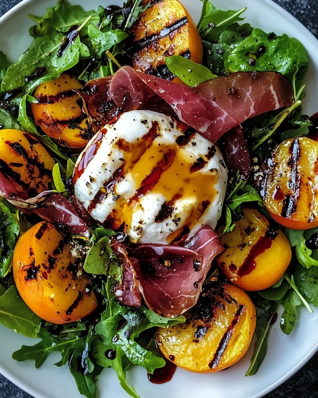 Gegrillter Nektarinen-Burrata-Prosciutto-Salat