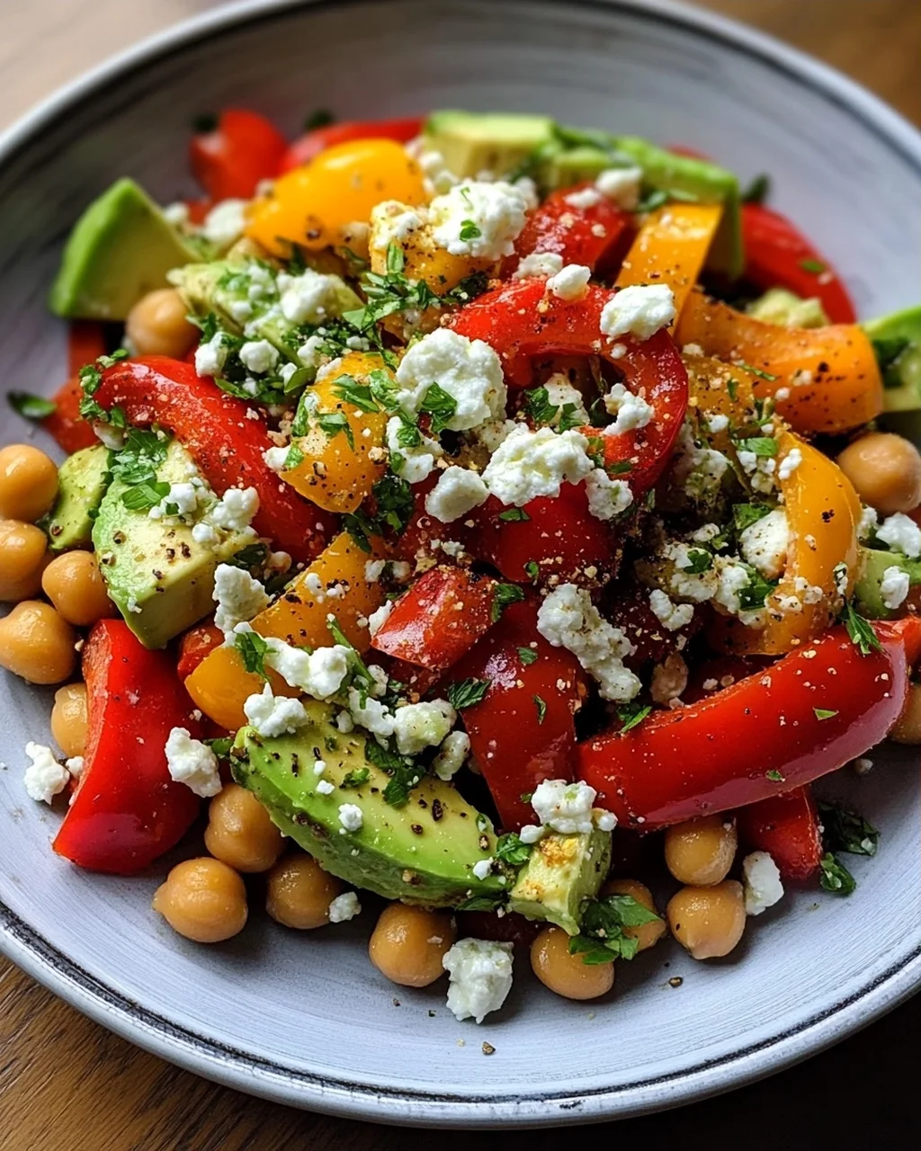 Kichererbsen-Feta-Avocado-Salat mit gerösteten Paprika