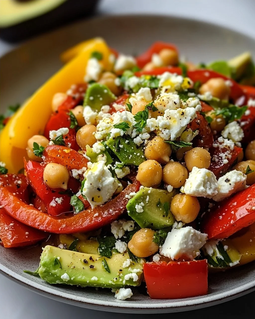 Kichererbsen-Feta-Avocado-Salat mit gerösteten Paprika