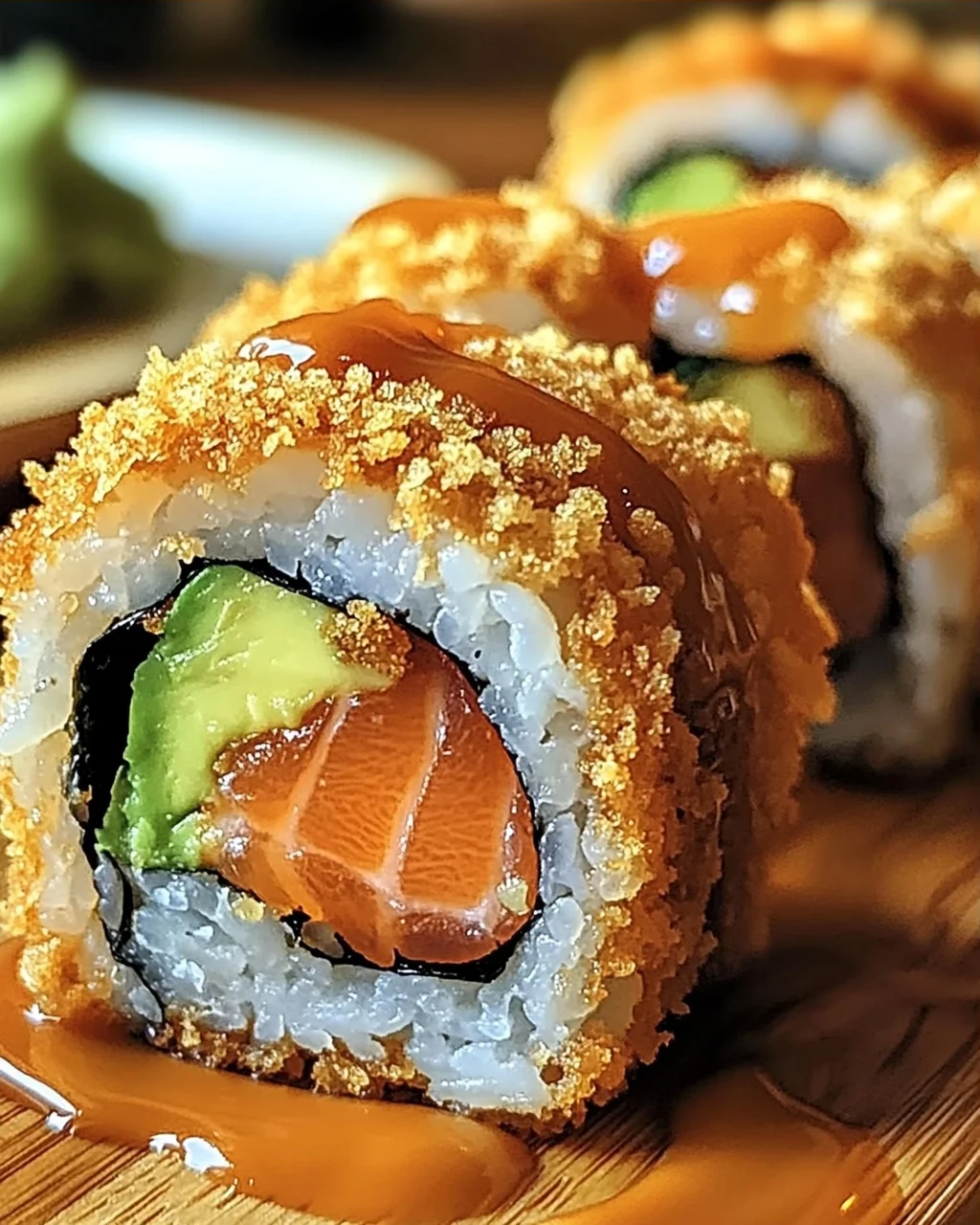 Knusprige frittierte Lachs- und Avocado-Rollen genießen