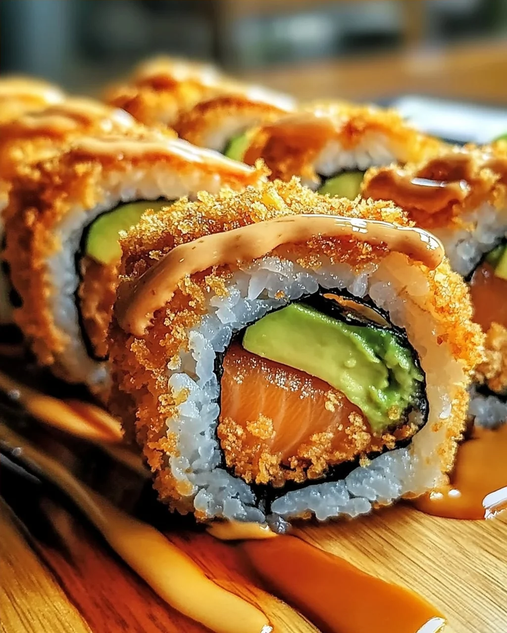 Knusprige frittierte Lachs- und Avocado-Rollen genießen