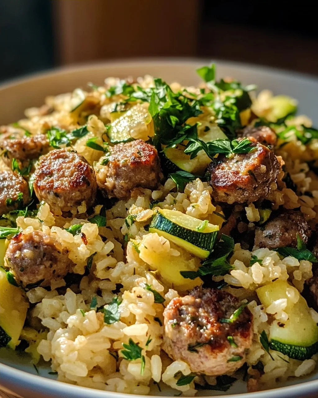 Mediterraner Wurst Reis: Lecker mit Zucchini & Kräutern!