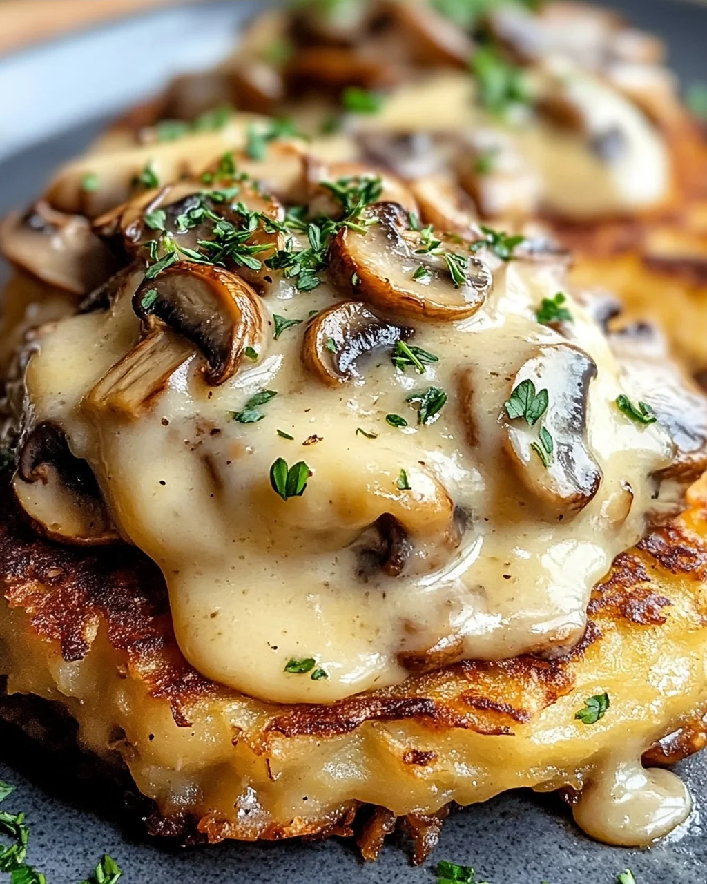 Mozzarella Rösti mit Zwiebel-Pilzrahmsoße