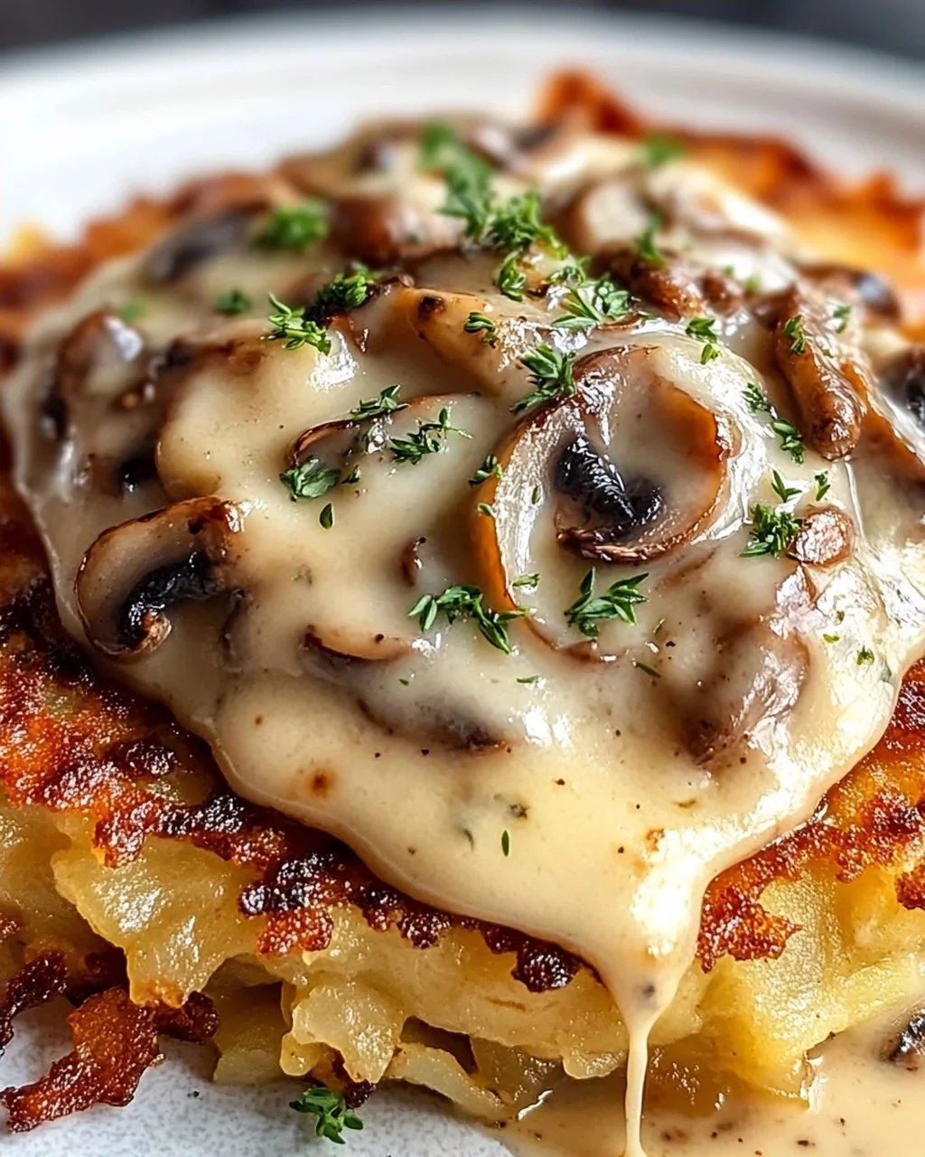 Mozzarella Rösti mit Zwiebel-Pilzrahmsoße