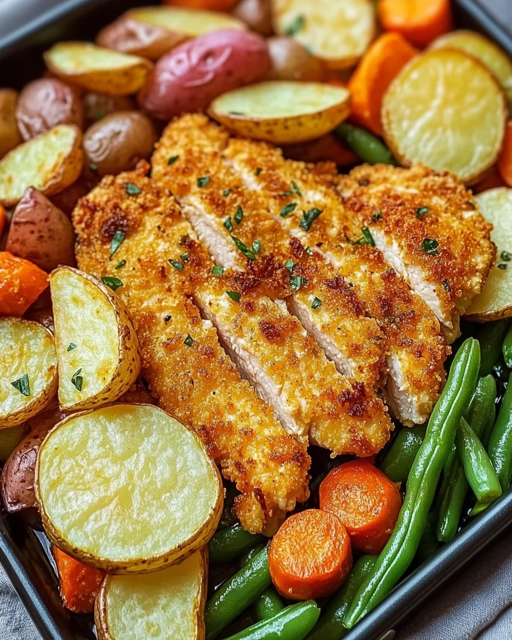 Panierte Parmesan Hähnchenschnitzel aus dem Ofen mit Gemüse und Kartoffelecken