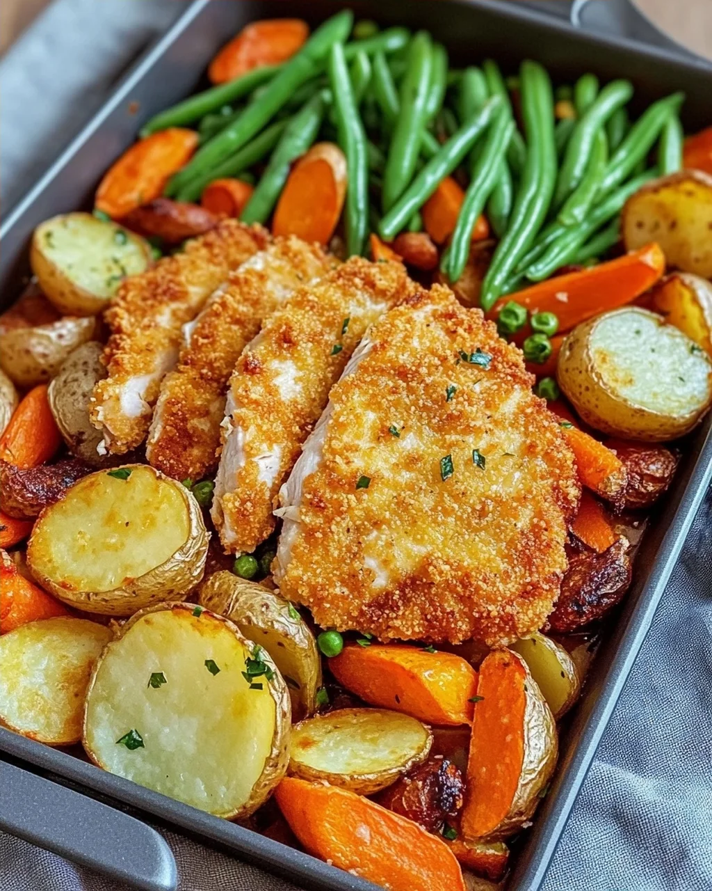 Panierte Parmesan Hähnchenschnitzel aus dem Ofen mit Gemüse und Kartoffelecken