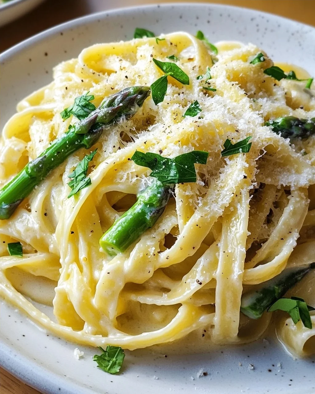 Pasta with Green Asparagus in Lemon Cream and Parmesan