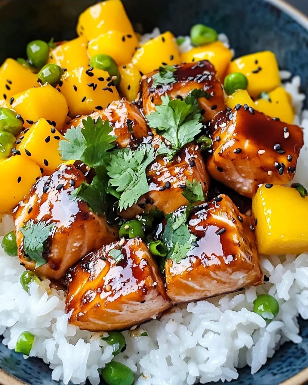 Teriyaki Lachs Reisschüssel mit Mango