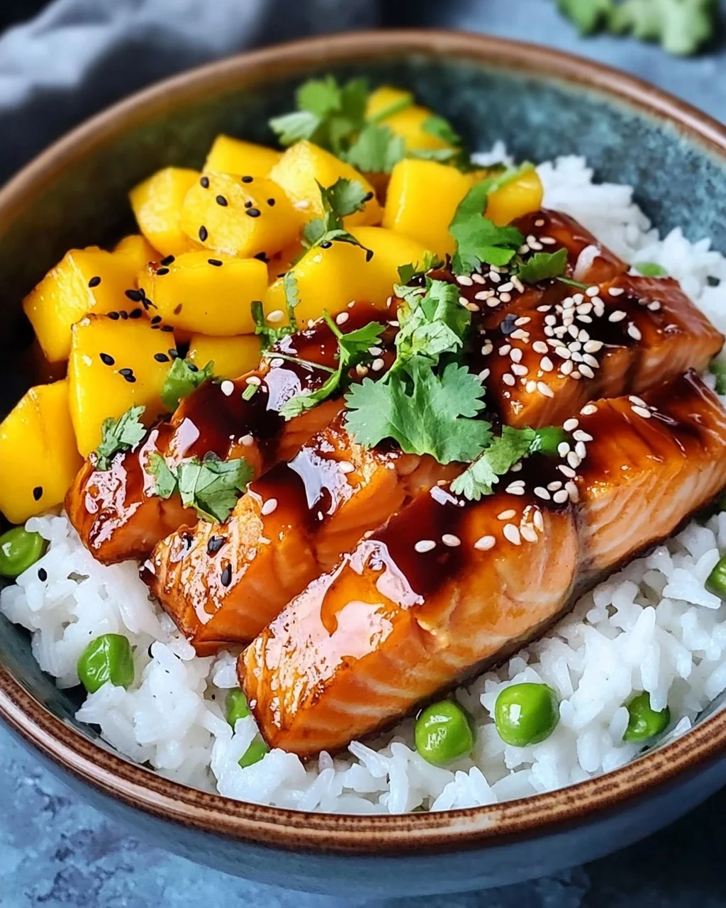 Teriyaki Lachs Reisschüssel mit Mango