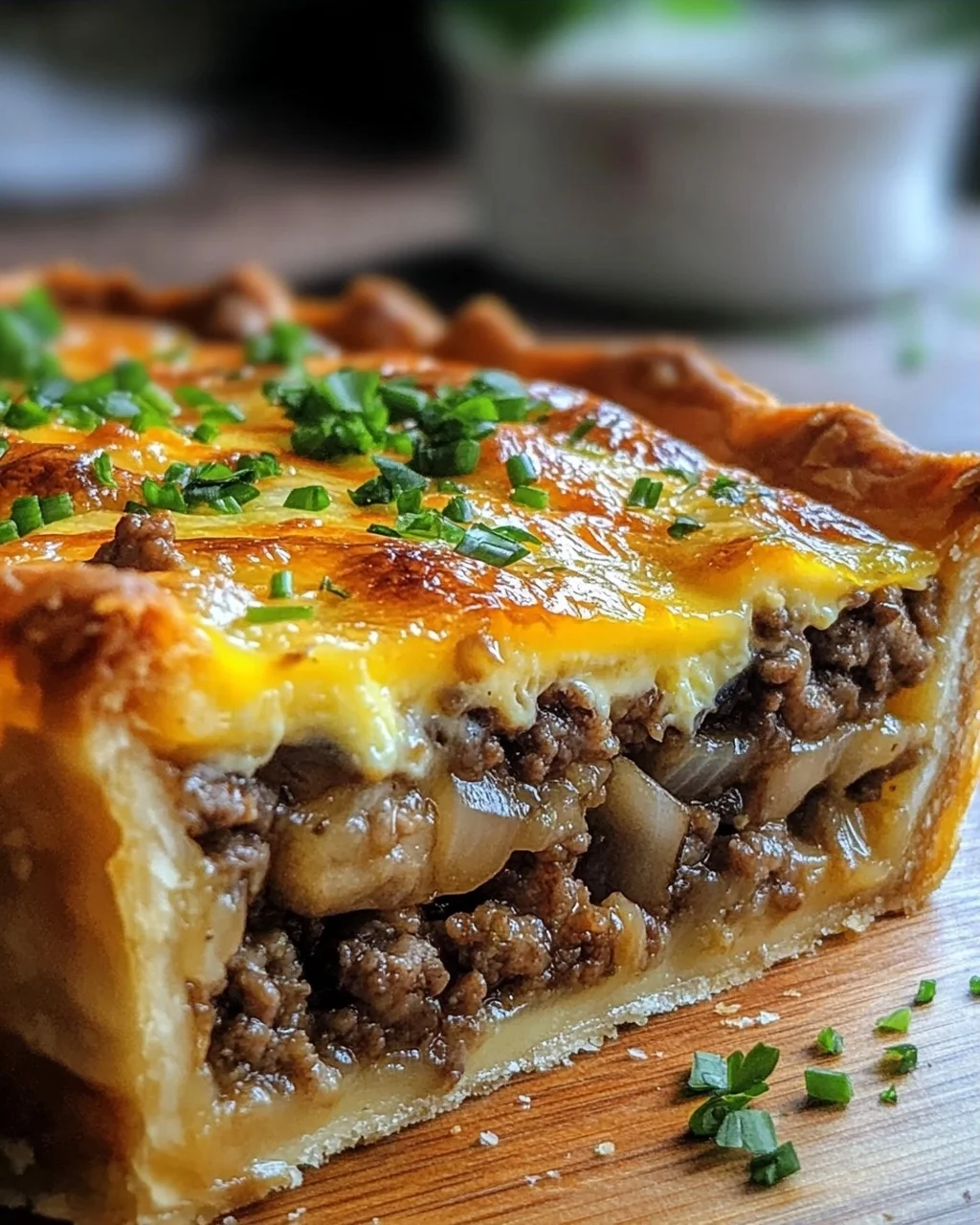 Torte mit Pilzen, Hackfleisch und Käse
