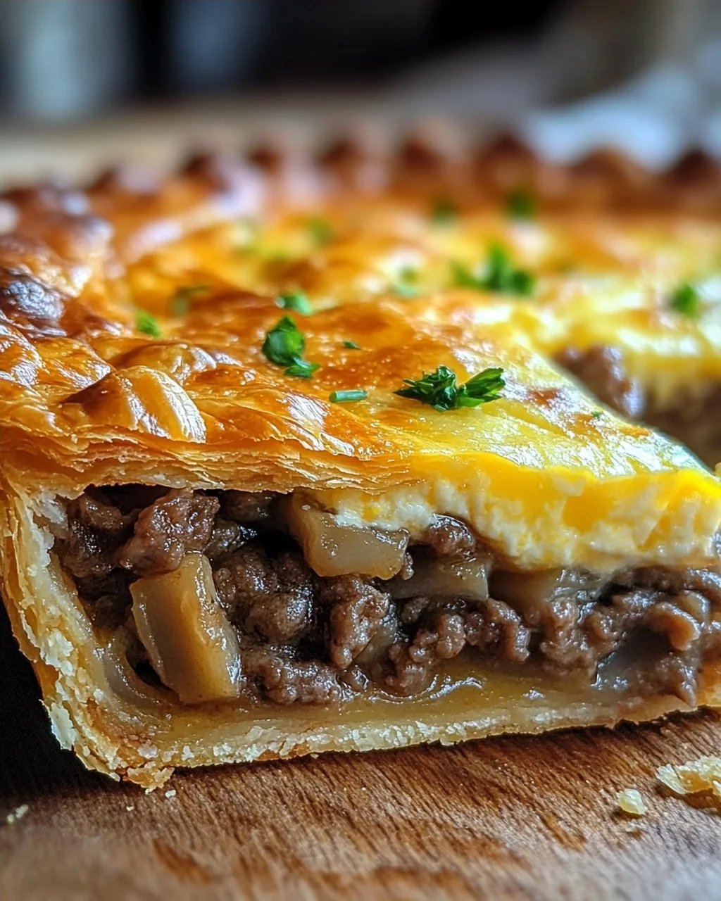 Torte mit Pilzen, Hackfleisch und Käse