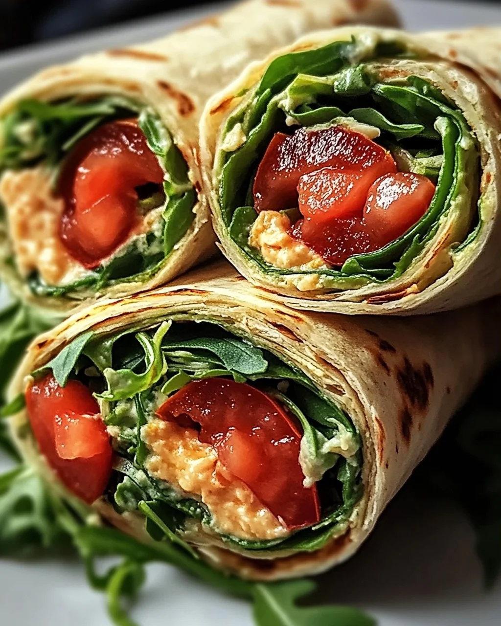 Vegetarische Wrap-Röllchen mit Rucola und Tomaten