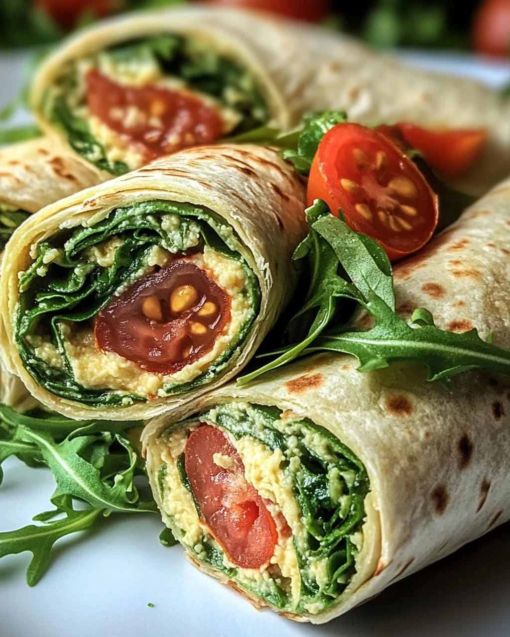 Vegetarische Wrap-Röllchen mit Rucola und Tomaten