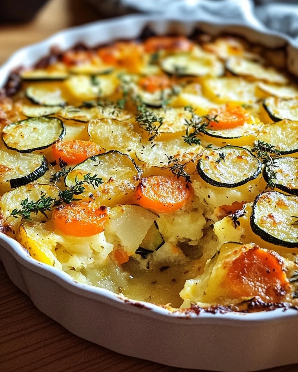 Vegetarischer Kartoffelauflauf mit Zucchini, Karotten und Zwiebeln