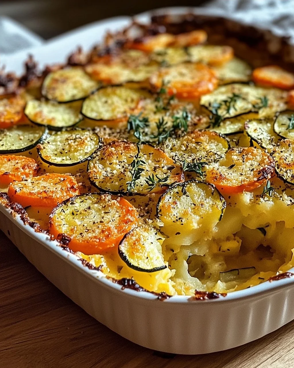 Vegetarischer Kartoffelauflauf mit Zucchini, Karotten und Zwiebeln